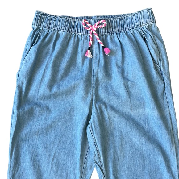 Girls 10/12 Blue Lightweight Denim Elastic Cuff Jogger Pants Pockets Bow - Picture 2 of 3